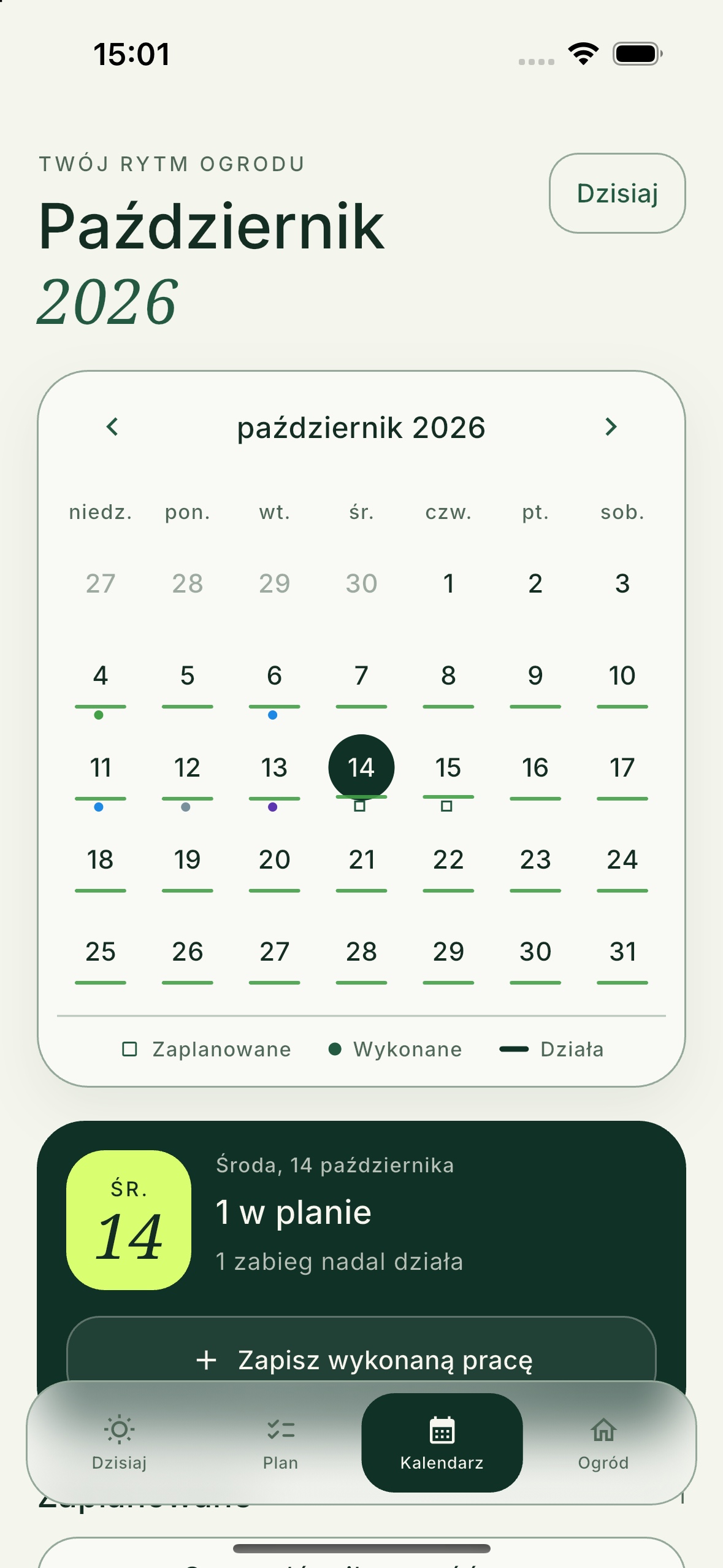 Kalendarz i historia prac w aplikacji Florli
